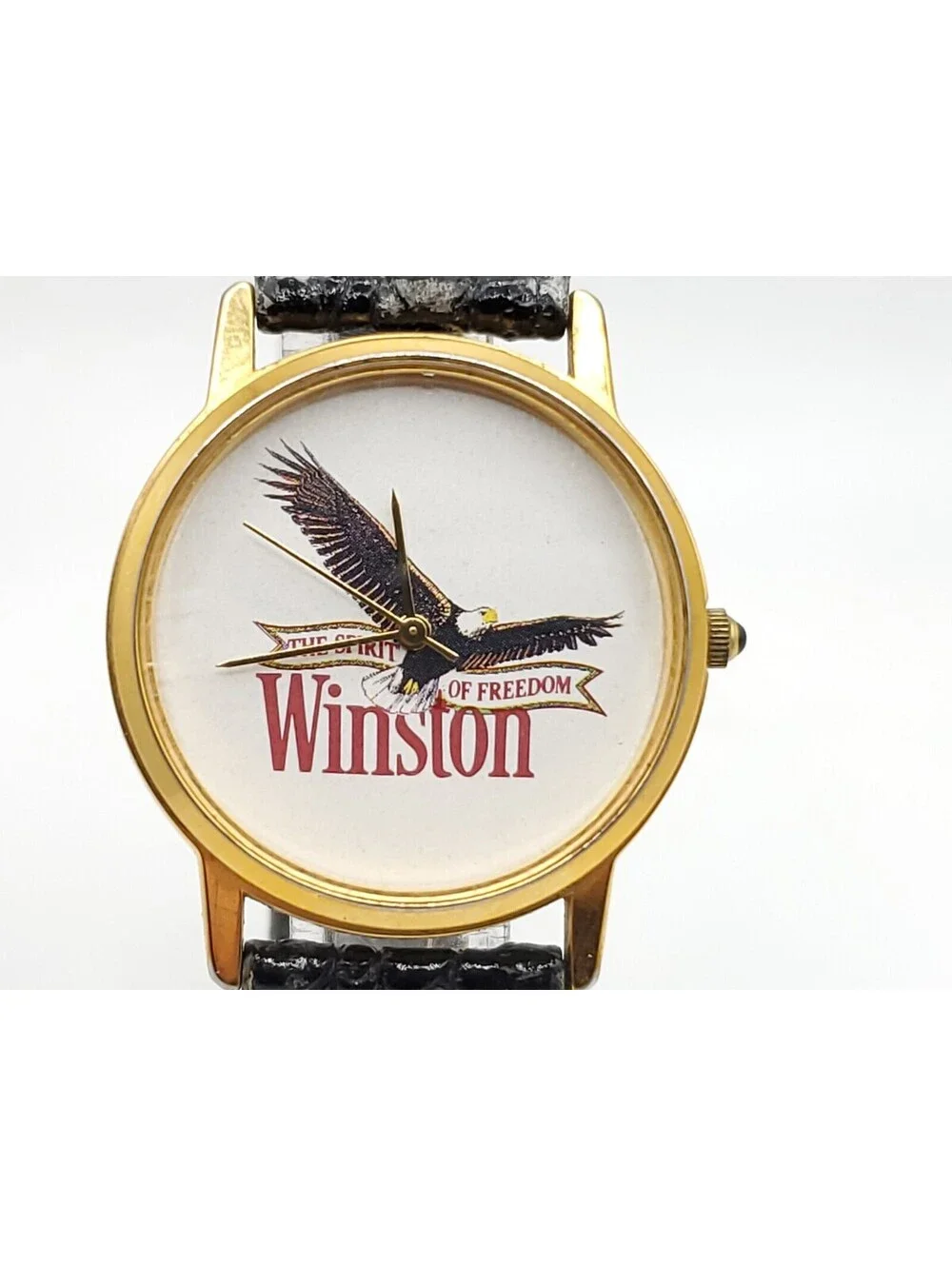 Winston Quartz Watch New Battery Gold Tone Black Band Round 32mm